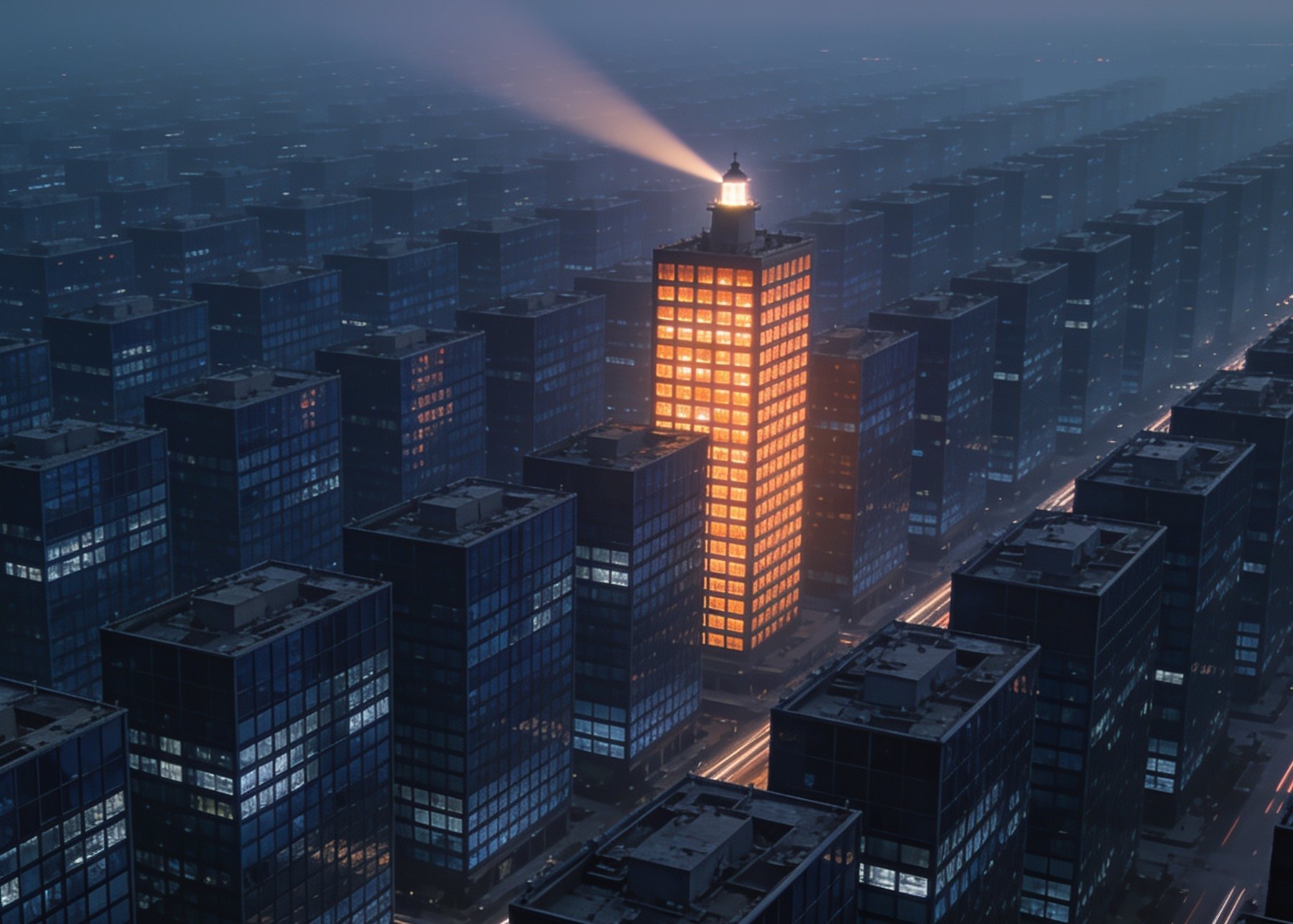 One tower lit and beaming among a grid of identical dark office buildings, with light streaking through the streets