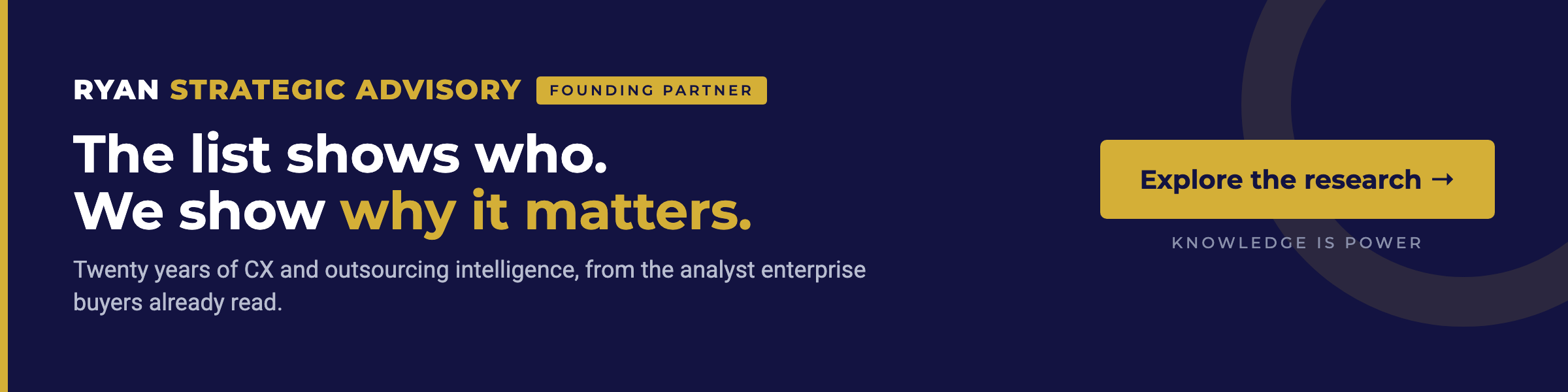 Ryan Strategic Advisory, founding partner. The list shows who. We show why it matters. Twenty years of CX and outsourcing intelligence, from the analyst enterprise buyers already read. Explore the research.